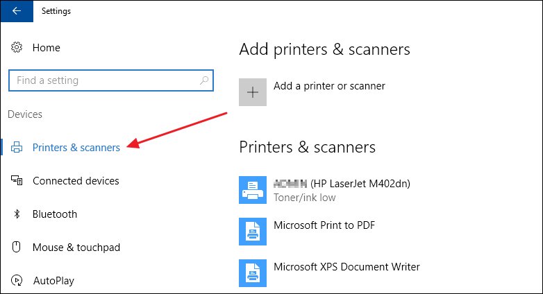 Nhấn chọn Printers and Scanners