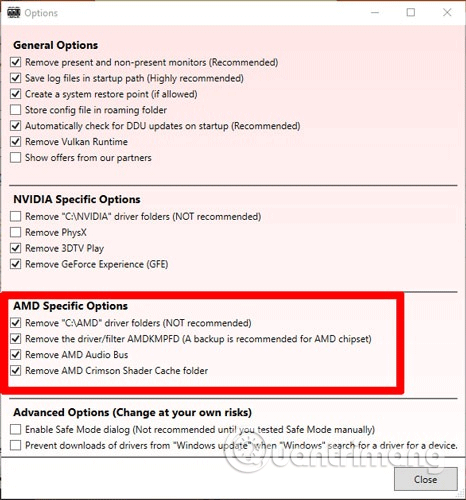 Chọn tất cả các tùy chọn trong AMD Specific Options