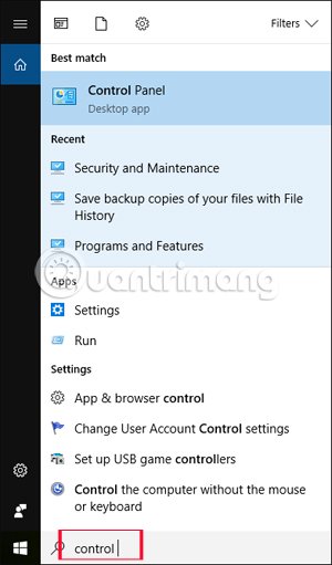 Mở Control Panel trên Windows 10