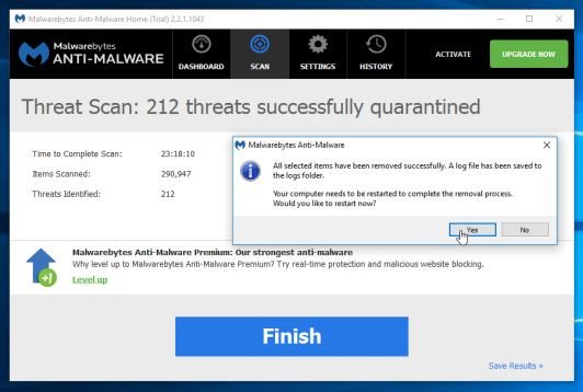Trong quá trình loại bỏ các tập tin này, có thể Malwarebytes Anti-Malware sẽ yêu cầu khởi động lại máy tính để hoàn tất quá trình.