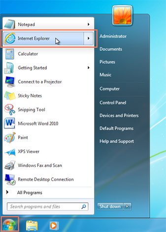 Internet Explorer đang được mở từ menu Start.