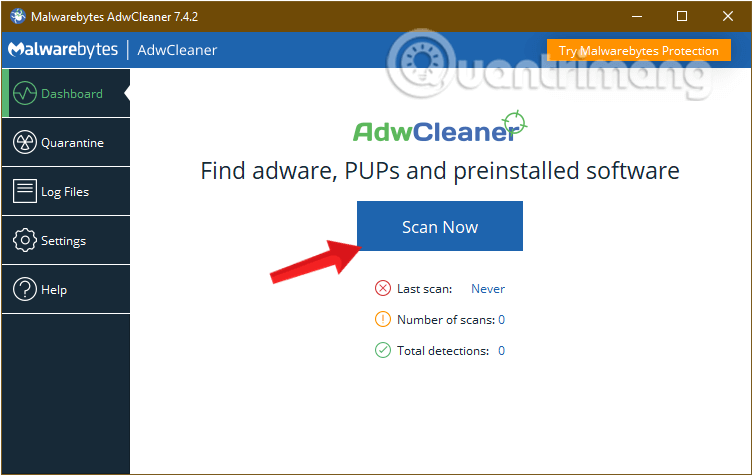 Sau khi chấp nhận các điều khoản AdwCleaner, click chọn nút Scan