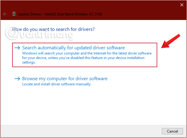 Yêu cầu Windows tìm driver bằng cách click chọn Search automatically for updated driver software