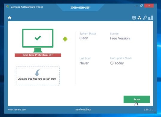 Trên cửa sổ Zemana AntiMalware, click chọn Scan để thực hiện quét hệ thống