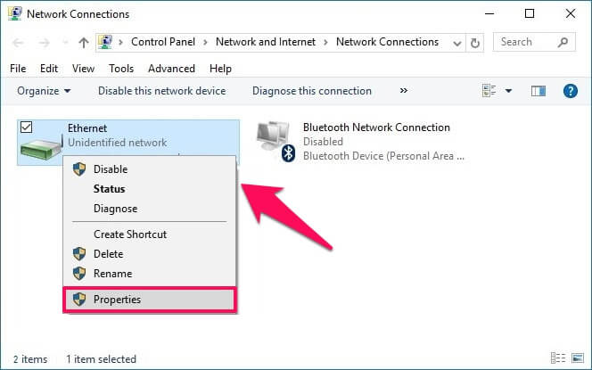  kích chuột phải vào kết nối mạng mà bạn đang sử dụng, chọn Properties